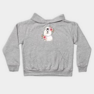 Cute White Shih Tzu with Flowers Watercolor Art Kids Hoodie